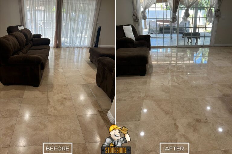 Before and after of travertine floor restoration in Downey