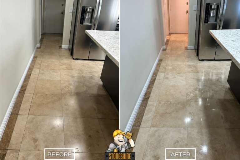 Before and after of travertine floor restoration in the kitchen of a home in Downey