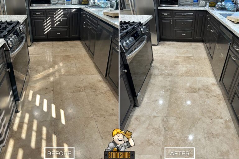 Travertine floor restoration in Downey showing clean and polished surface after the service