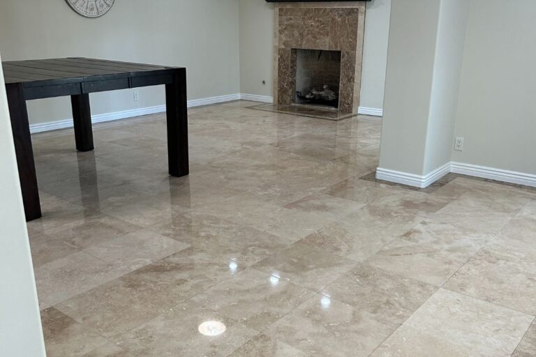 After restoration of travertine floor in Downey showing polished surface