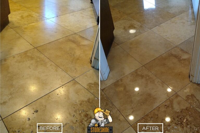 Before and after of ravertine floor restoration in Fullerton that was clean, polished, and sealed.