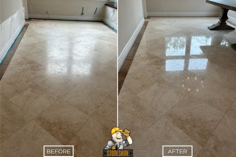 Before and after of travertine floor restoration in Laguna Hills