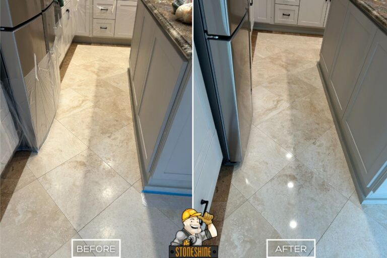 Before and after of travertine floor restoration of a kitchen in Laguna Hills