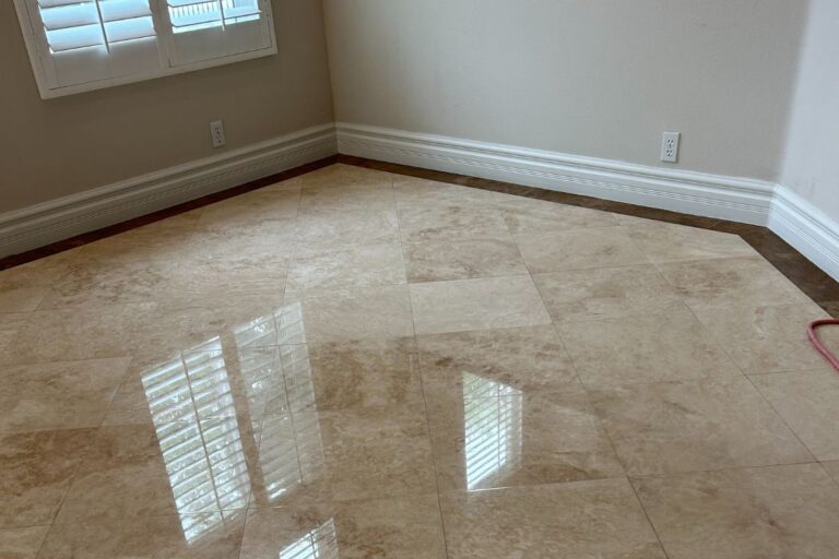 After restoration of travertine floor in a living room in Laguna Hills