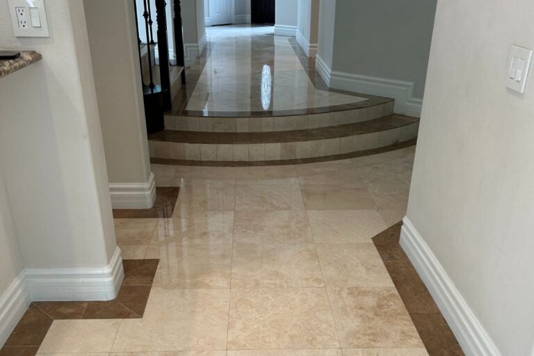 After restoration of travertine floor in a hallway in Laguna Hills.