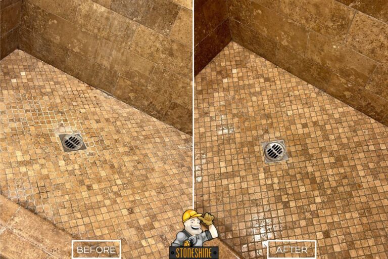 Before and after of our travertine restoration on shower in Fountain Valley.