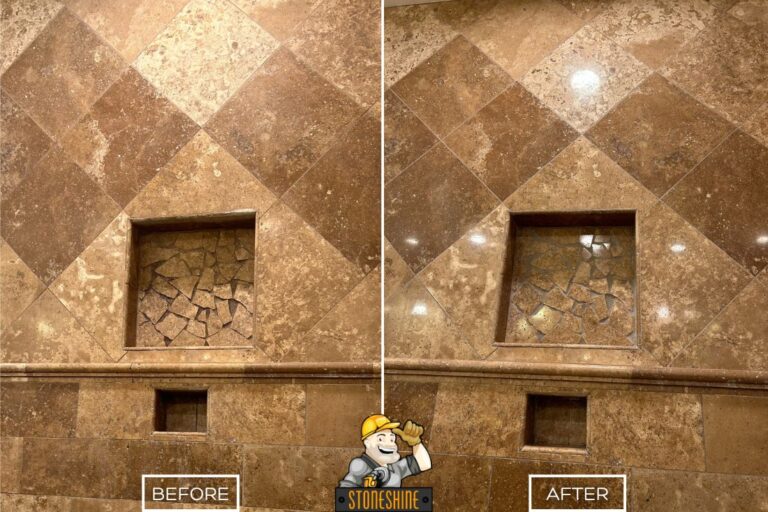 Before and after of travertine shower restoration in Fountain Valley showing the wall.
