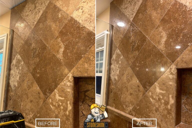 The difference in the shower wall is significant after the restoration in a Fountain Valley home