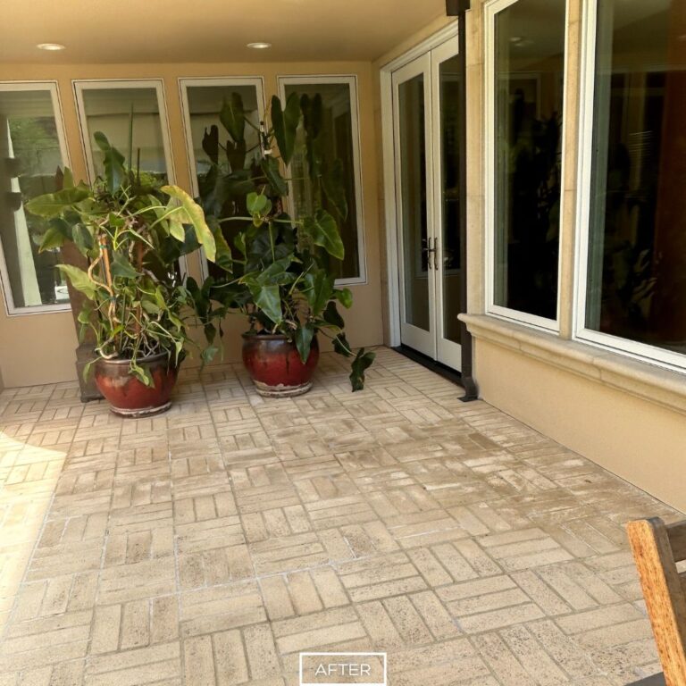 After restoration of outdoor concrete paver patio beside large potted plants and windows.