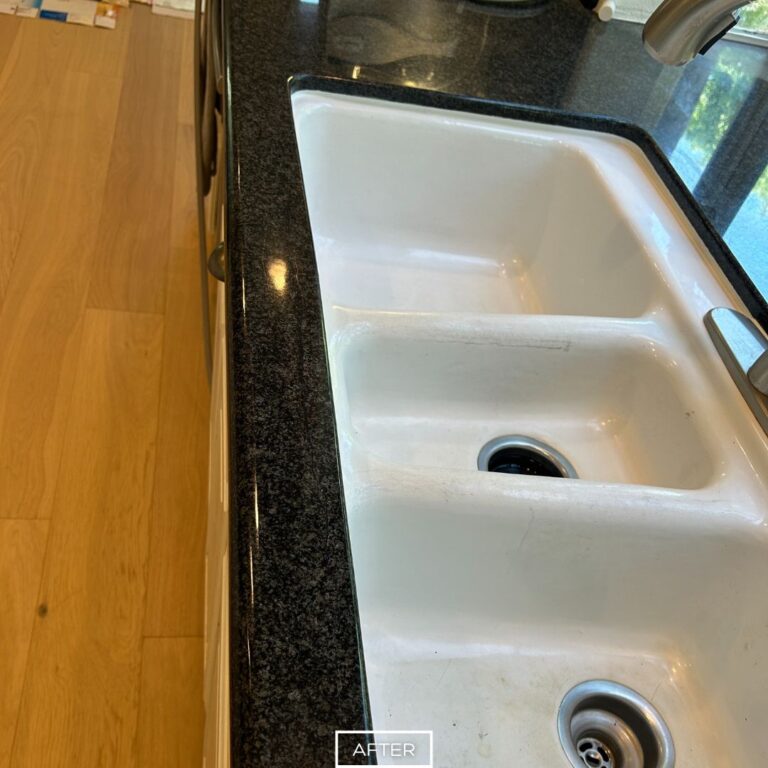 Repaired granite countertop in Villa Park kitchen after crack restoration, with seamless finish and smooth surface near sink.