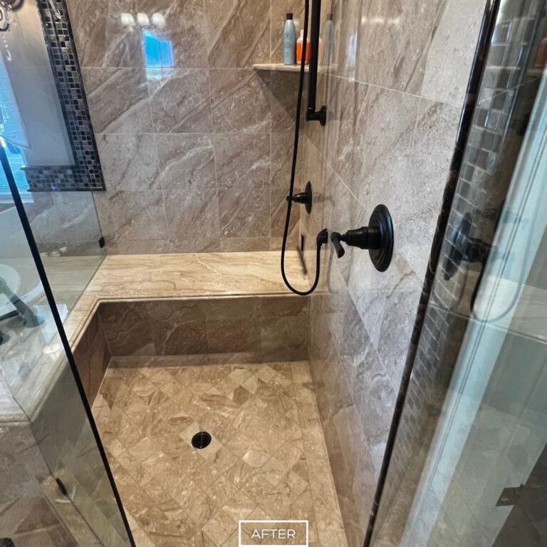 Marble shower restoration in Yorba Linda, showing polished walls and floor with even finish and renewed luster.