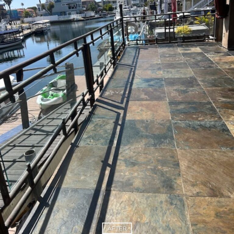Polished slate flooring in Seal Beach after restoration, with vibrant natural tones and smooth protective finish.