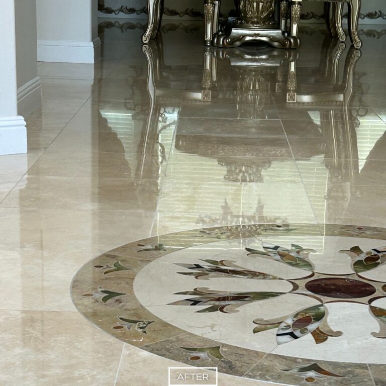 High-gloss travertine floor with floral medallion design restored in Newport Beach hallway