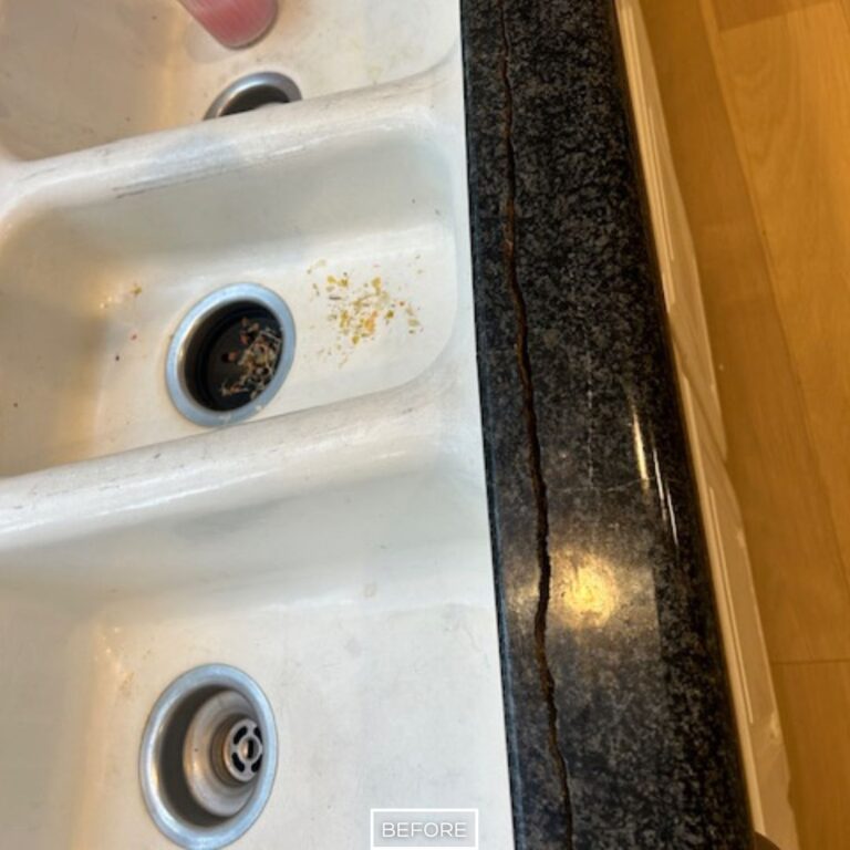 Damaged granite countertop in Villa Park showing extended crack line along sink edge before repair.