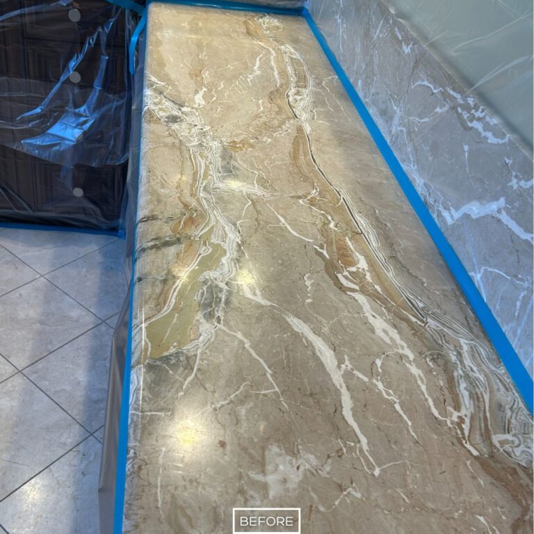 Dull marble countertop in Los Angeles home before restoration, showing surface etches and loss of shine on natural stone surface.