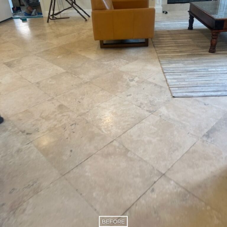 Travertine tile floor showing scratches and dull spots before restoration near Rancho Santa Margarita