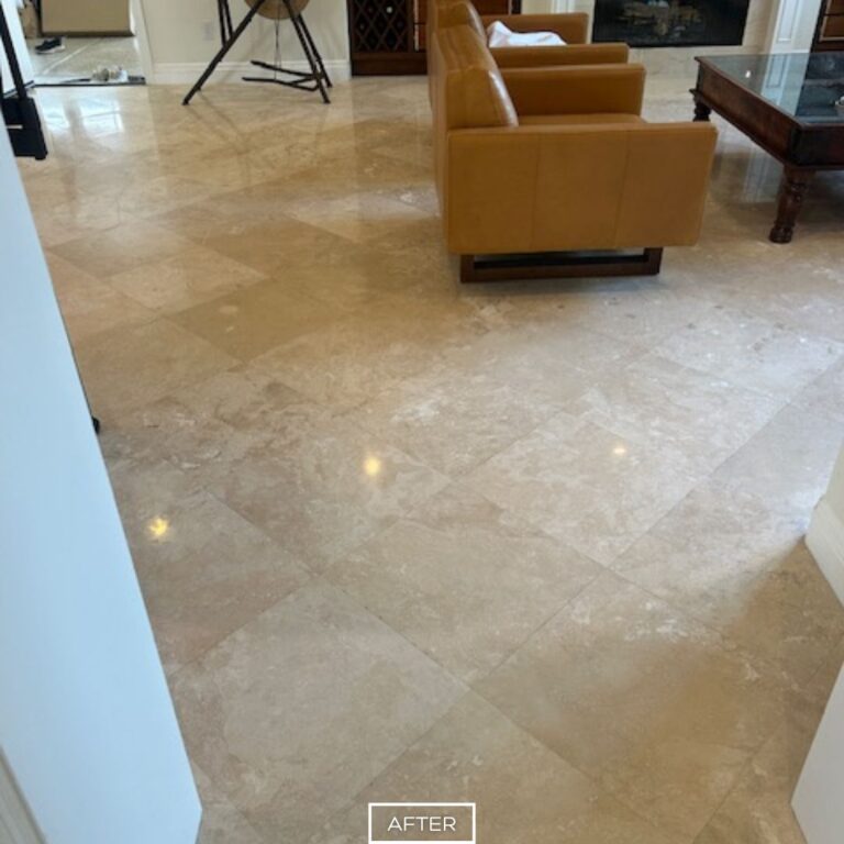 Travertine floor refinished to a clean and smooth surface in living room