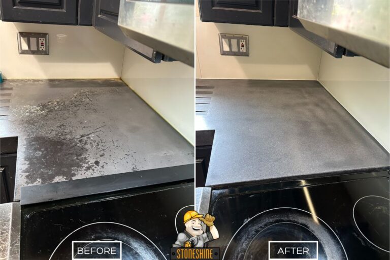 Before and after of StoneShine's concrete countertop refinishing in Mission Viejo. A stained, worn kitchen counter restored to a smooth and refreshed finish.