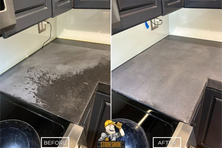 StoneShine's concrete countertop refinishing in Mission Viejo. Damaged and uneven counter surface transformed into a clean, uniform finish.