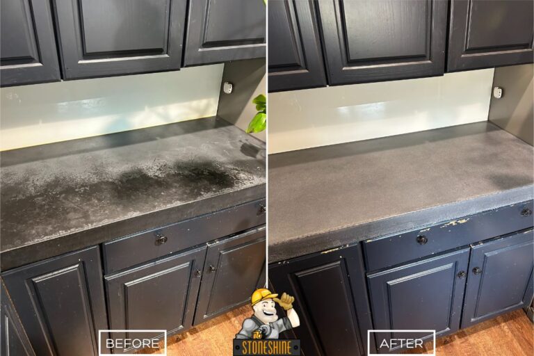 Before and after of concrete countertop refinishing by StoneShine in Mission Viejo. A dull, stained surface renewed to a sleek and modern look.