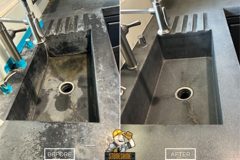 StoneShine's concrete countertop refinishing service in Mission Viejo. A heavily stained sink and counter area restored to a clean, smooth, and durable finish.