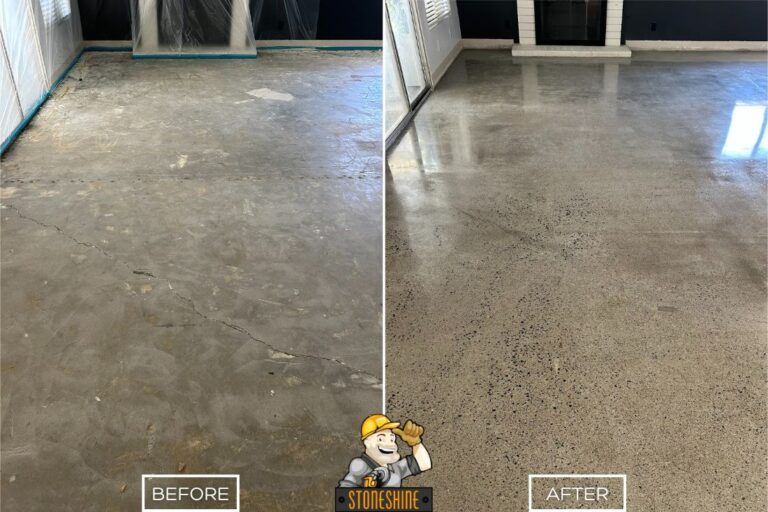 Before and after of StoneShine's concrete floor polishing in Los Angeles. A rough, cracked surface transformed into a smooth, reflective finish.