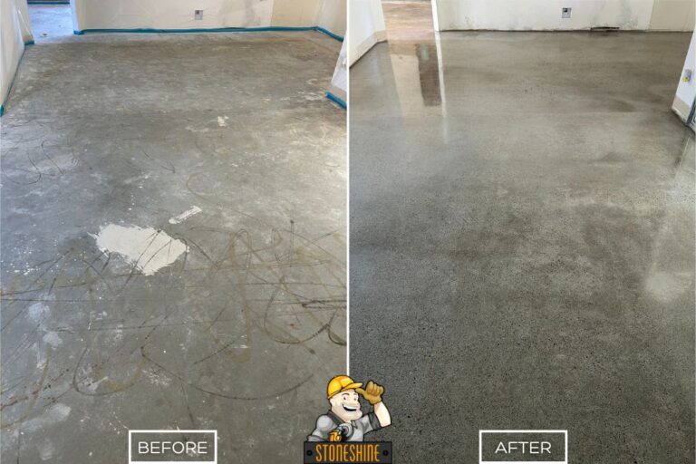 StoneShine's concrete floor polishing in Los Angeles. A stained, uneven concrete floor restored to a clean, polished, and durable surface.