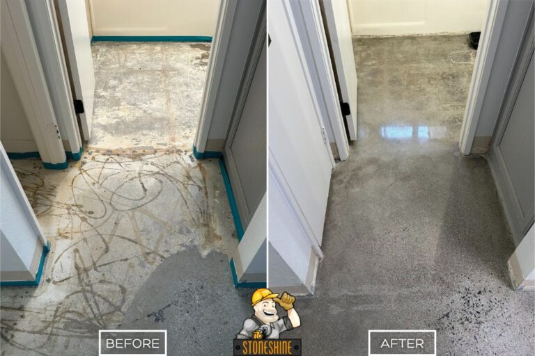 Before and after of concrete floor polishing by StoneShine in Los Angeles. Scratched and marked hallway floor polished to a sleek, glossy finish.