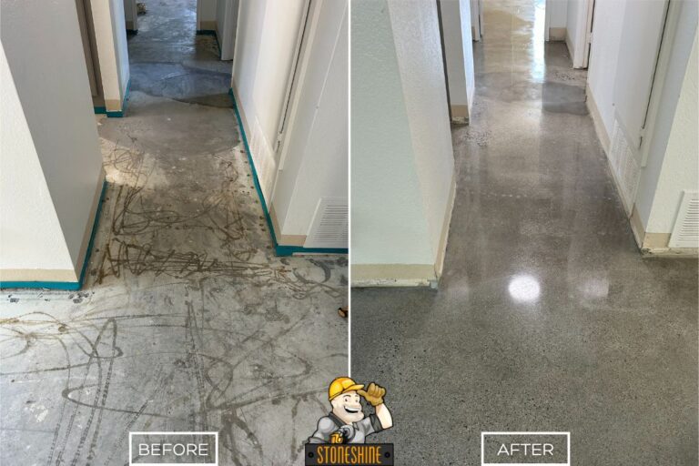 StoneShine's concrete floor polishing service in Los Angeles. A heavily worn hallway floor resurfaced and polished to a smooth, reflective look.