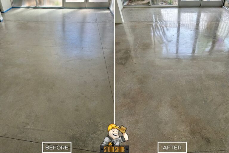 Before and after of StoneShine's concrete polishing service in Palm Springs. A dull residential living room floor is transformed into a smooth, reflective surface for a brighter, modern look.