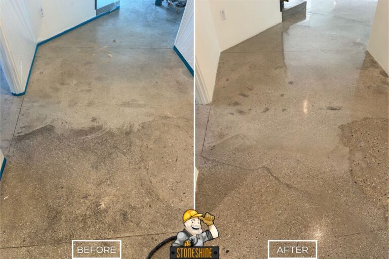 Before and after of StoneShine's concrete polishing service in Palm Springs. A stained and worn hallway floor is refinished to a polished, durable surface with enhanced shine.