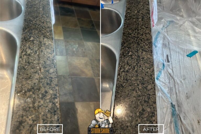 Before and after of StoneShine's granite countertop crack repair in Rancho Cucamonga. A long visible crack near the sink restored to a smooth surface before sealing.