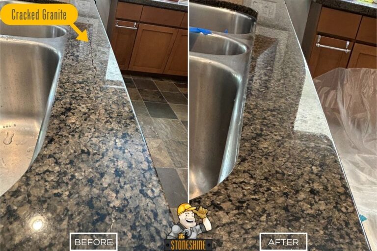 StoneShine's granite countertop crack repair in Rancho Cucamonga. Damaged granite surface with a visible crack repaired and polished to restore a flawless, glossy finish.