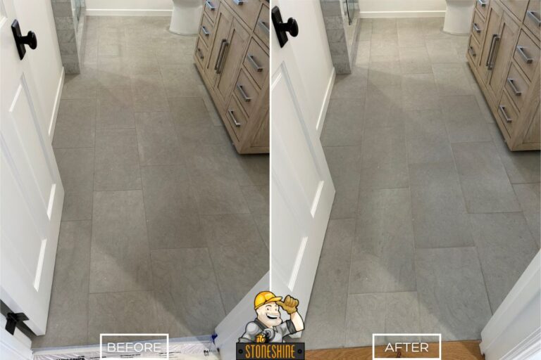 Before and after of StoneShine's limestone floor restoration in a Laguna Hills bathroom, reviving a dull tile surface to a cleaner, refreshed look.