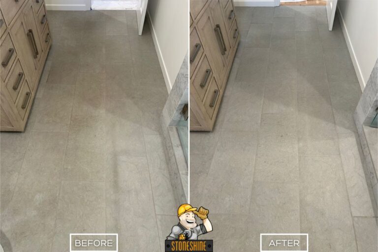 Before and after of StoneShine's limestone floor restoration in a Laguna Hills bathroom hallway, transforming worn tiles into a smooth, renewed finish.