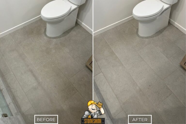 Before and after of StoneShine's limestone floor restoration in a Laguna Hills bathroom, restoring discolored tiles to a bright and even appearance.