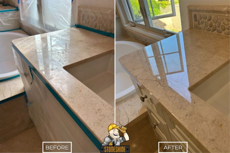 Before and after of StoneShine's marble countertop restoration in Irvine. A worn bathroom vanity top is transformed into a smooth, high-gloss surface with a brilliant reflective finish.