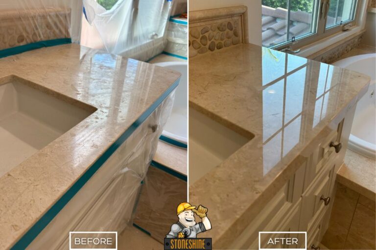 StoneShine's marble countertop restoration in Irvine. A dull vanity surface is restored to a sleek, high-gloss shine, enhancing the stone’s natural color and elegance.