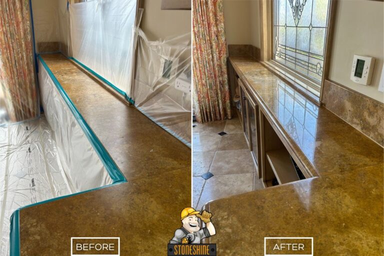 Before and after of StoneShine's marble countertop restoration in Mission Viejo. A dull, etched surface restored to a glossy and reflective finish.