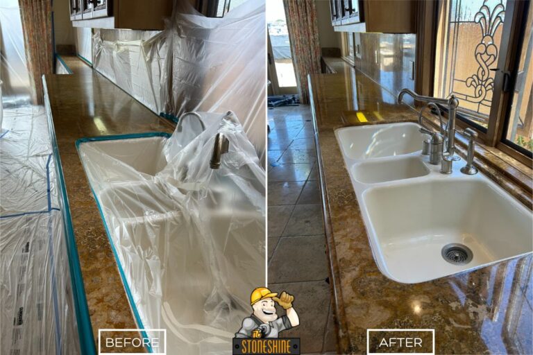 StoneShine's marble countertop restoration in Mission Viejo. Worn and cloudy marble surface around the sink polished to a smooth, shiny, and elegant finish.