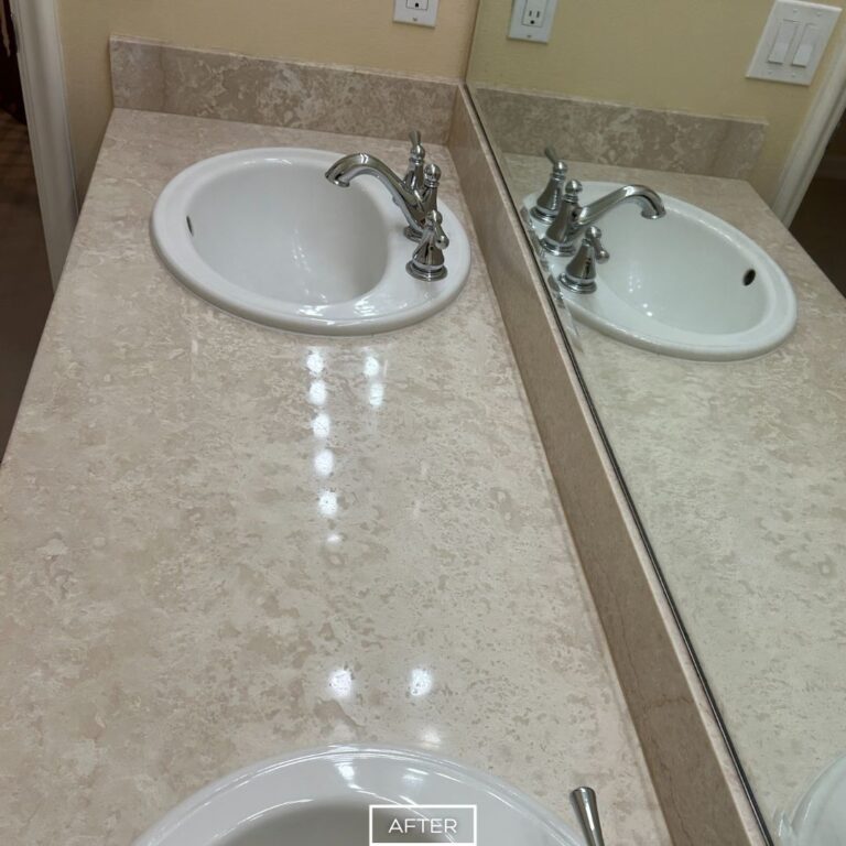 Fully restored marble countertop in Palm Springs with a smooth, reflective finish and even surface tone.