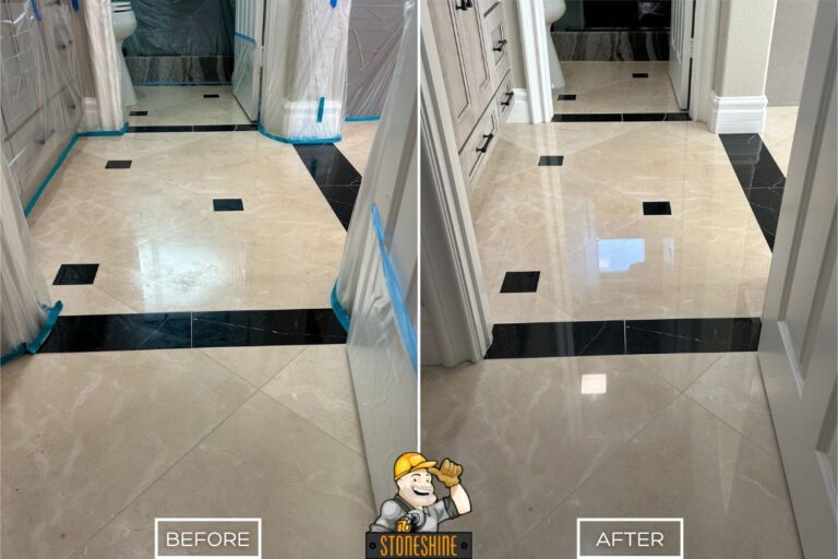 Before and after of StoneShine's marble floor restoration in a Corona hallway. A dull, scratched surface is transformed into a polished, glossy finish with enhanced contrast in the decorative black tile accents.