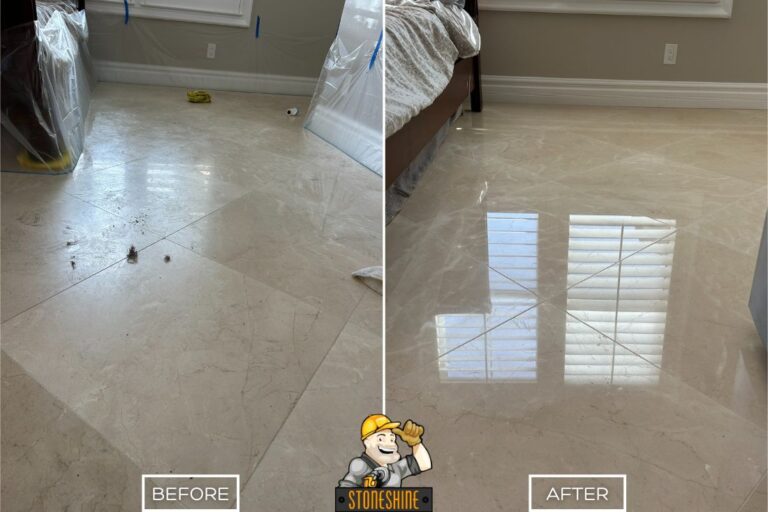Before and after of StoneShine's marble floor restoration in a Corona home bedroom. A dusty, worn floor is polished to a high-gloss finish that reflects natural light and adds a clean, luxurious look.