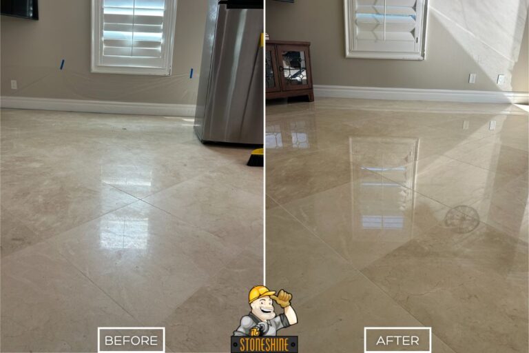 Before and after of StoneShine's marble floor restoration in Corona. A dull, scuffed floor of a living room is refinished to a sleek, polished surface with a bright and elegant appearance.