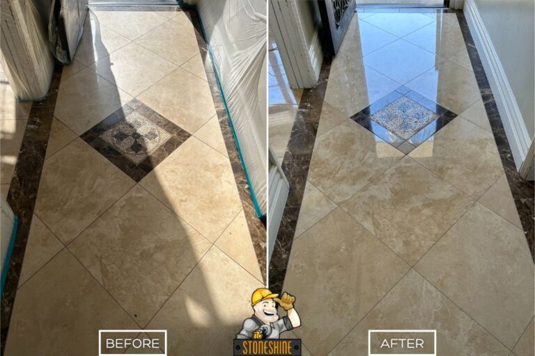 Before and after of StoneShine's marble floor restoration in West Hollywood. A dull entryway floor with decorative diamond design polished to a glossy, reflective finish.