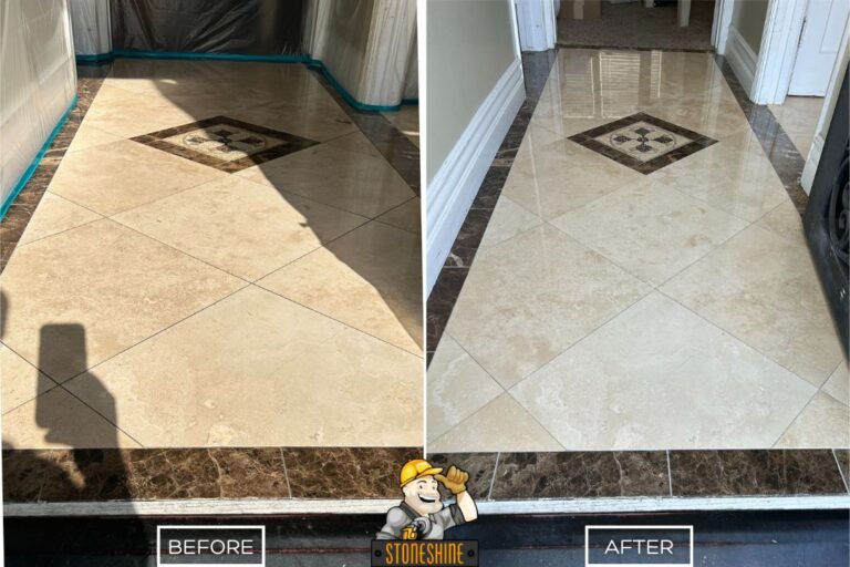 StoneShine's marble floor restoration in West Hollywood. Worn marble tiles in a hallway renewed to a smooth, polished surface with enhanced shine and clarity.