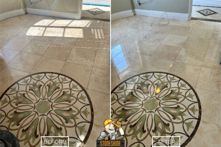 Before and after of marble floor restoration by StoneShine in West Hollywood. A scratched and dull floor with decorative medallion brought back to a bright, glossy finish.