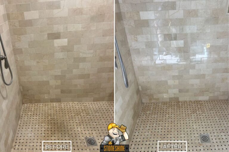 Before and after of StoneShine's marble shower restoration in Brea. Shower walls polished to glossy finish and the floor deep cleaned, honed, and sealed for a fresh look.