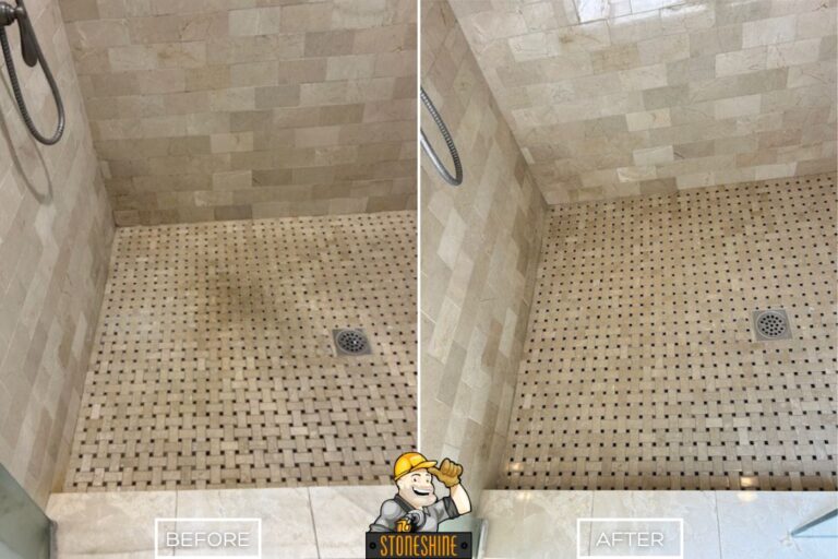 StoneShine's marble shower restoration in Brea. The shower floor was deep cleaned, honed, and sealed, transforming a stained surface into a clean and protected finish.