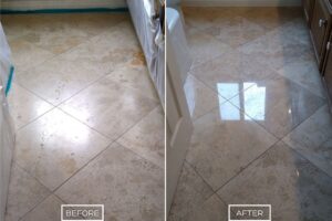 Travertine floor restoration project in Fullerton